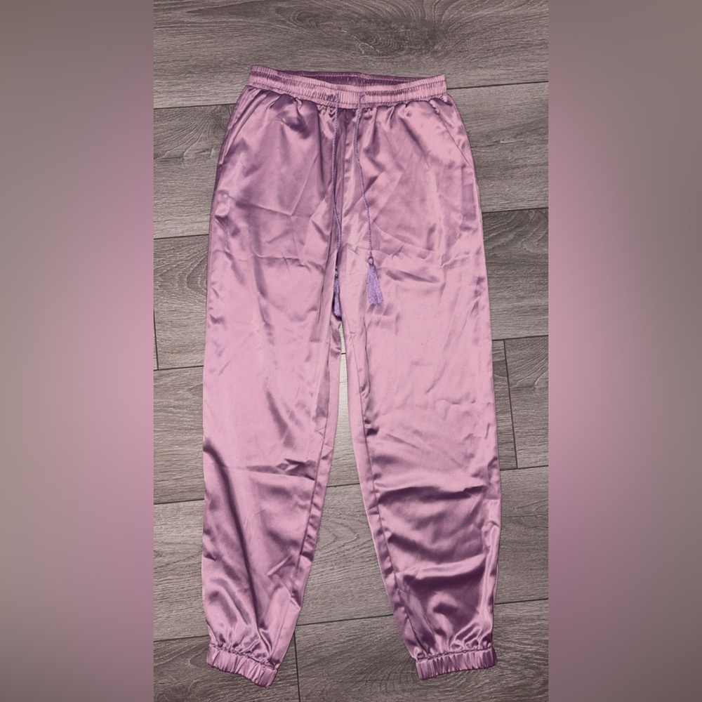 Allegra K Size XS Satin Purple Joggers W Tassle Drawstrings High Rise Full Lengt
